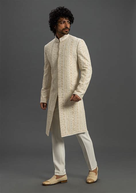 White Silk Sherwani With Cut Dana & Thread Work – MILLIONAIRE FASHIONS ...