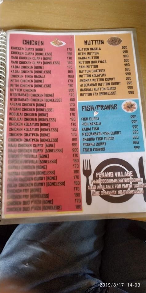 Menu at Penang village, Mokila