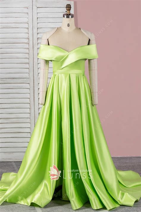 Fancy Lime Green Sleek Satin Off-the-shoulder Prom Dress - Lunss