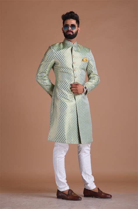 KimKhab Brocade Silk | Vibrant Green and Golden | Royal Achkan – Rajanyas