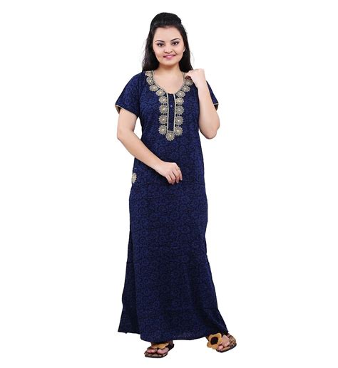 MAHAARANI Women's Cotton Embroidered Maxi Night Gown( Blue , Free Size ...