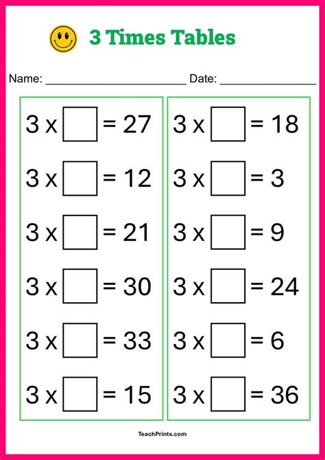 3 Times Table Worksheets Printable