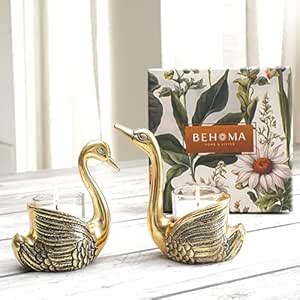 BEHOMA Metal Pair of Swan Candle Holder & Candles Combo Gift Hamper ...