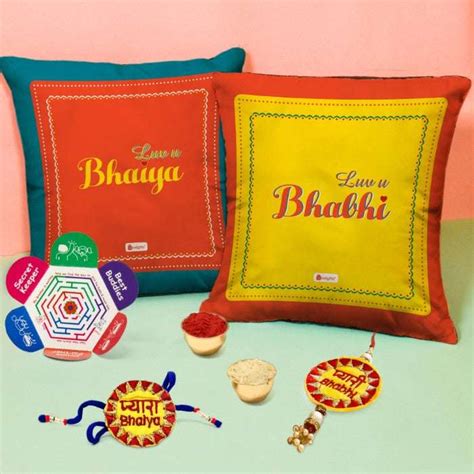 Luv U Bhaiya & Bhabhi Cushion with Handcrafted Bhai and Bhabhi Rakhi ...