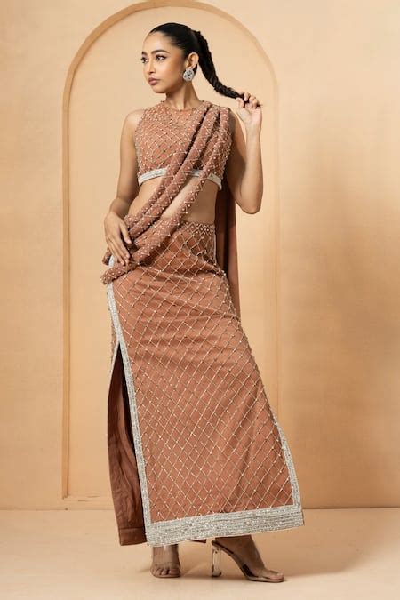 Buy Beige Modal, Georgette, Net Cutdana Embellished Pre-stitched Saree ...