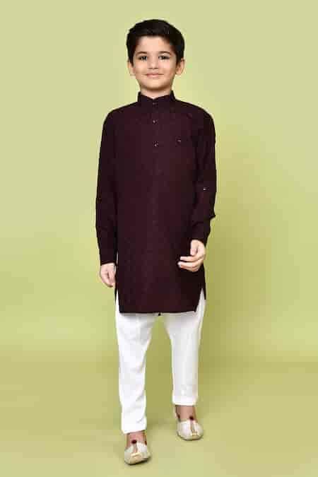 Buy Brown Jacquard, Cotton Satin, Checkered Pattern Pathani Kurta And ...