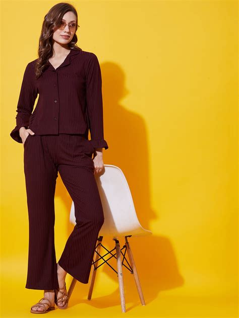 Buy Women Wine Long Sleeve Collar Stylish Co Ord Set | The Kaftan Company