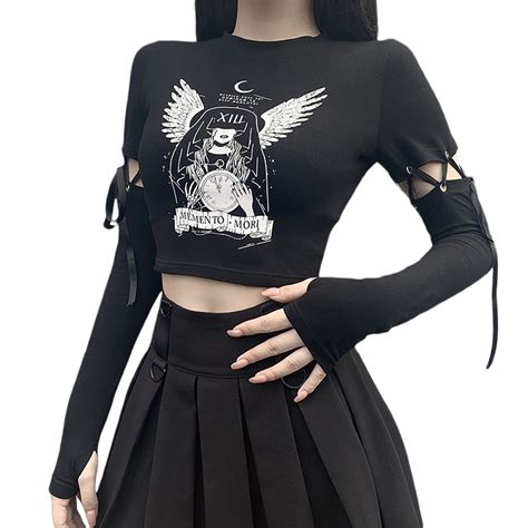 Halloween Y2K Goth Girl Street Print Black T-Shirt India | Ubuy