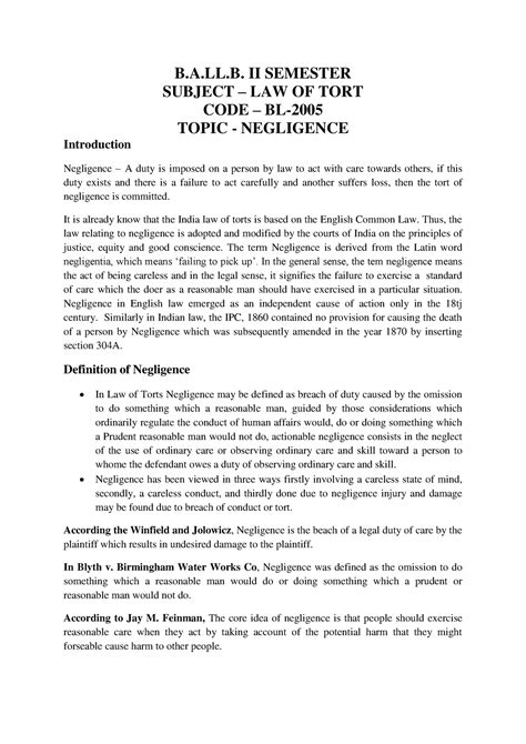 Negligence - B.A.LL. II SEMESTER SUBJECT – LAW OF TORT CODE – BL- TOPIC ...