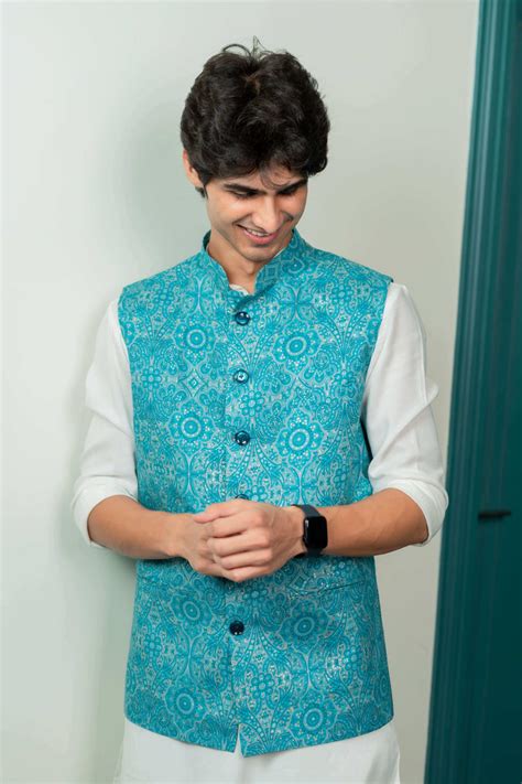 The Bright Turquoise Nehru Jacket With All-Over Floral Foil Print – Shasak