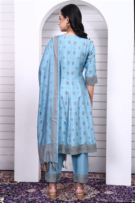 Buy Blue Abstract Printed Beads Jacquard Anarkali Kurta, Palazzo and ...