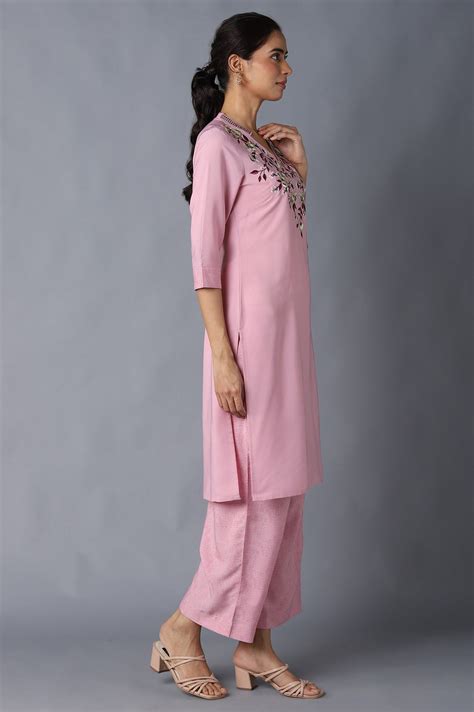 Buy Pink Embroidered Straight kurta In Boat Neck With Flared Culottes ...