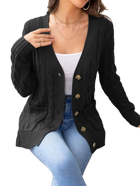 CALIPESSA Women's Black Cable Knit Cardigan, Button Front, Long Sleeve ...