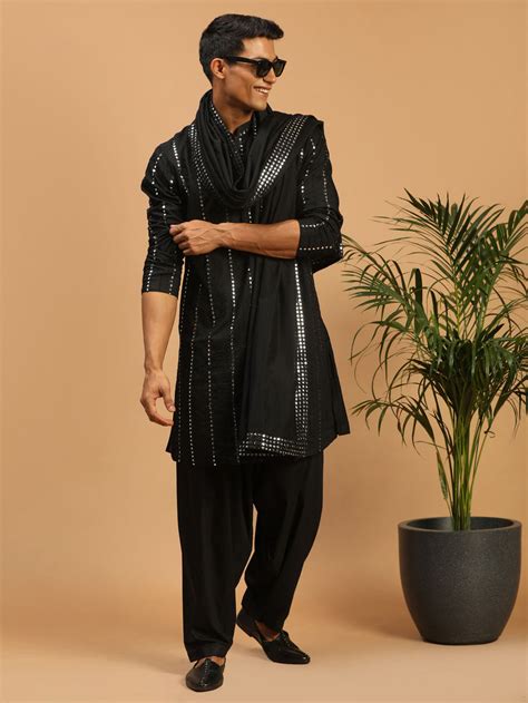 Vastramay Men's Black Mirror Kurta Patiala And Dupatta Set – vastramay