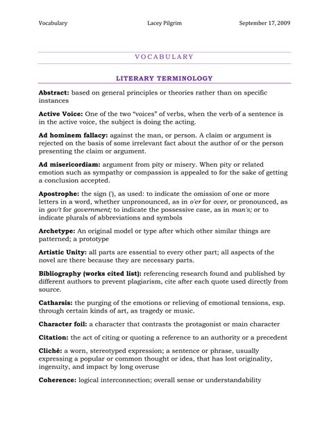 Vocabulary Lacey Pilgrim | DOCX