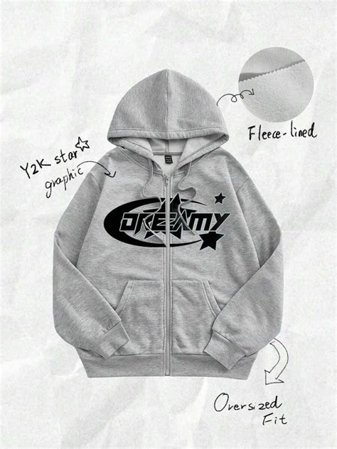 Coolane Casual Letter & Star Pattern Hooded Zip-Up Long Sleeve Loose ...