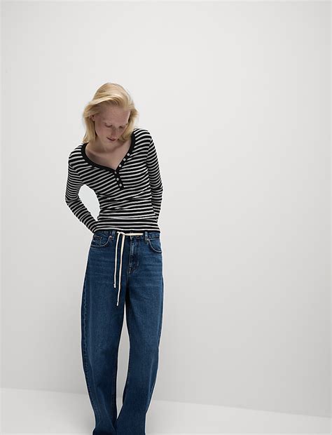 Buy Cotton Rich Ribbed Striped V-Neck Top at Marks & Spencer