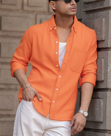 Buy Stylish Orange Corduroy Shirt | Full Sleeves Shirt for Men – Powerlook