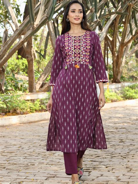 Wine Ikat Print Cotton Kurta with Neck Embroidery – Saffron Threads