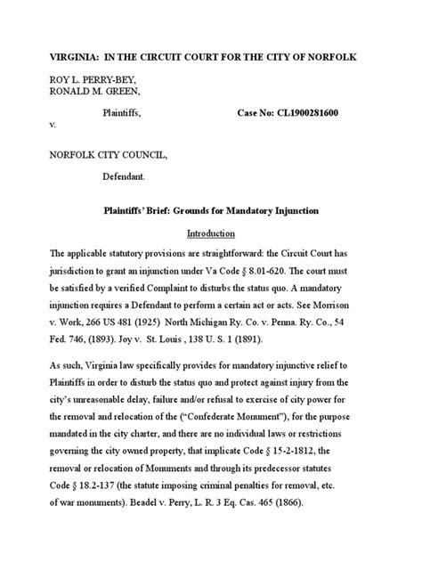 Norfolk Circuit Court Brief Grounds For Mandatory Injunction March 24 ...