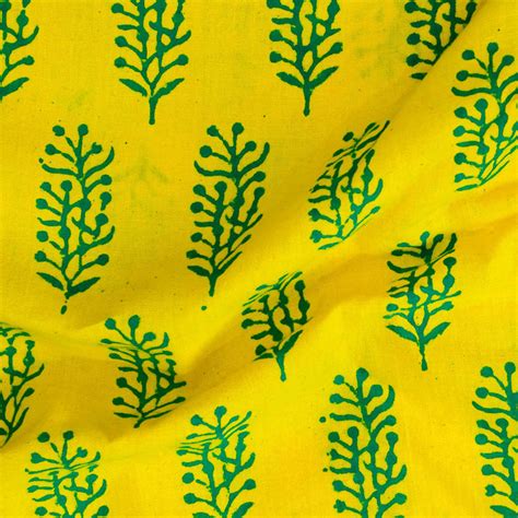 Pure Cotton Yellow Gamthi With Teal Motifs Hand Block Print Fabric ...