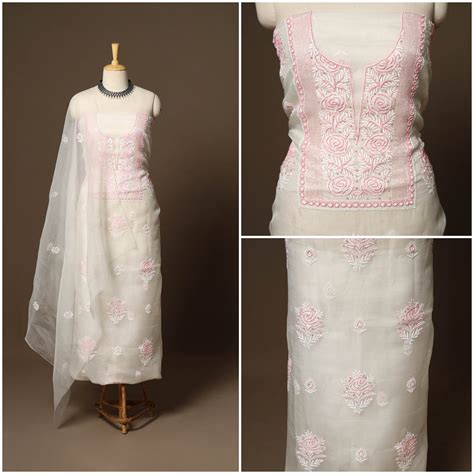 White 2pc Organza Silk Unstitched Hand Beads Work Heavy Chikankari ...