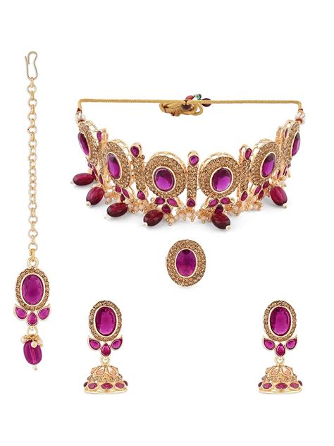 ZAVERI PEARLS Dazzling Purple Ethnic Choker Necklace Earring Maangtikka ...