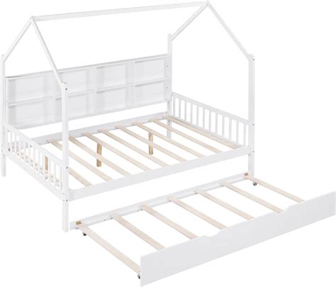 Buy Wooden Twin Size House Bed with Shelf, Floor Bed with Trundle Bed ...