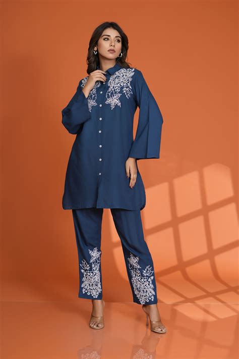 Teal Blue Embroidered Button-Front Co-Ord Set in Viscose Rayon – Kaftanize