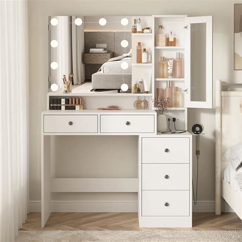 Amazon.com: Fameill White Makeup Vanity Desk with Mirror and Lights ...