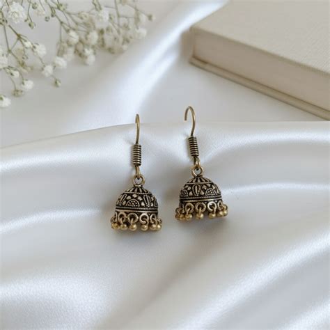 Antique Gold Toned Mini Jhumka Earrings - Traditional Indian Ethnic Da ...