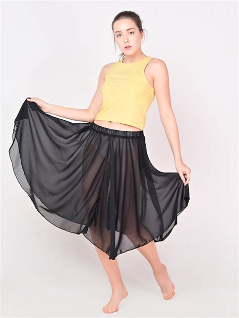 Women Knee Length Stylish Chiffon Flowy Sheer Black Midi Skirt with El ...
