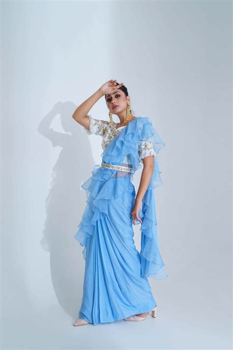 Powder Blue Ruffled Pre-Draped Saree Set – Suruchi Parakh