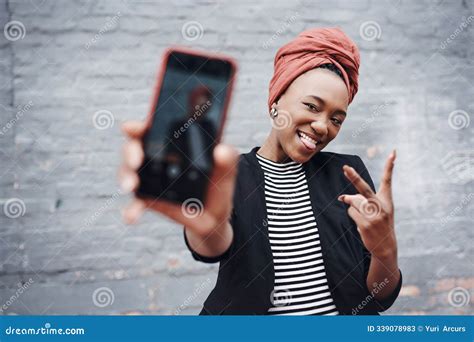 Phone, Screen and Selfie of Black Woman with Brick Wall, Smile and ...