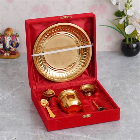 eCraftIndia Golden Metal Handcrafted Lakshmi Ganesha Design Pooja Thal