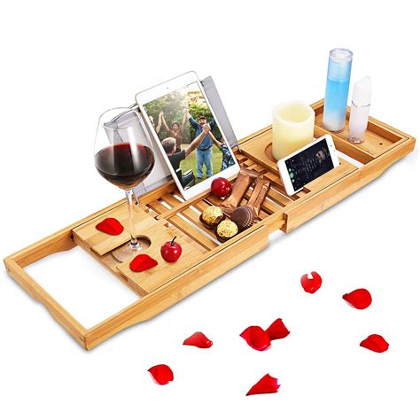 Moclever Bamboo Bathtub Caddy Tray, Wooden Bath Tray with Extending ...