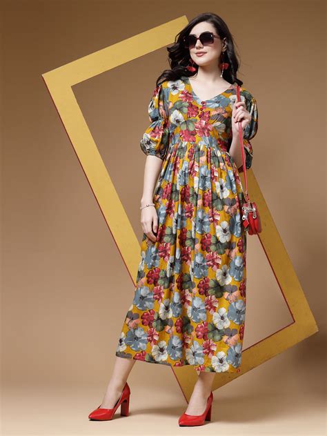 Indibelle Floral Print Rayon Flared Dress (Mustard) – indibelle