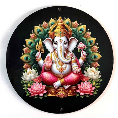 Lord Ganesha Printed Round Hanging Design With Dark Green Background F ...