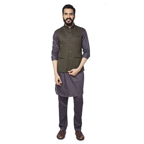 Olive green Embroidered bandi with Grey kurta pyjama set