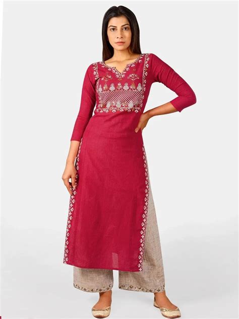 Red embroidered yoke princes line kurta with cream palazzo pant - VJV ...