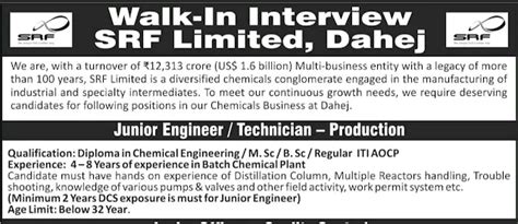SRF Limited Dahej Walk in interview 26th May 2023 for Production ...