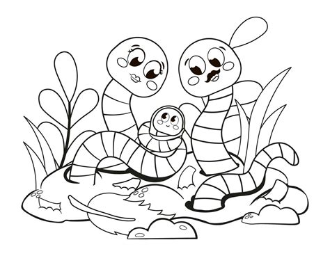 Cute printable coloring page for kids with cartoon earthworm family characters holding newborn ...
