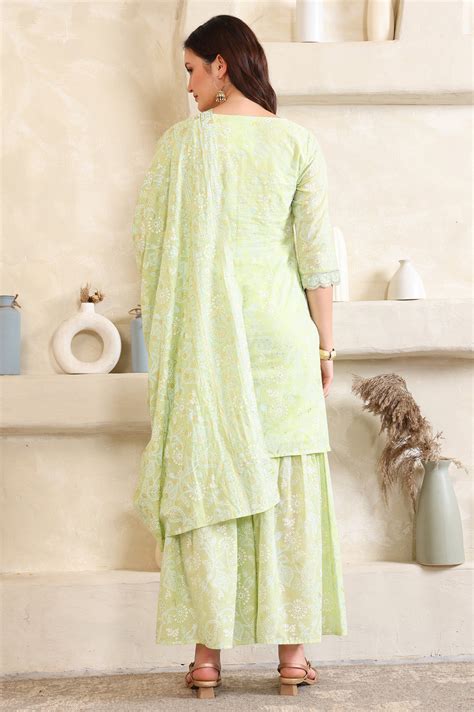 Buy Green Foil Printed Zari Embroidered Straight Pure Cotton Kurta and ...