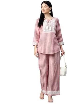 Buy Cottinfab Women Striped Red & White Front Tie-Up Top with Trousers ...