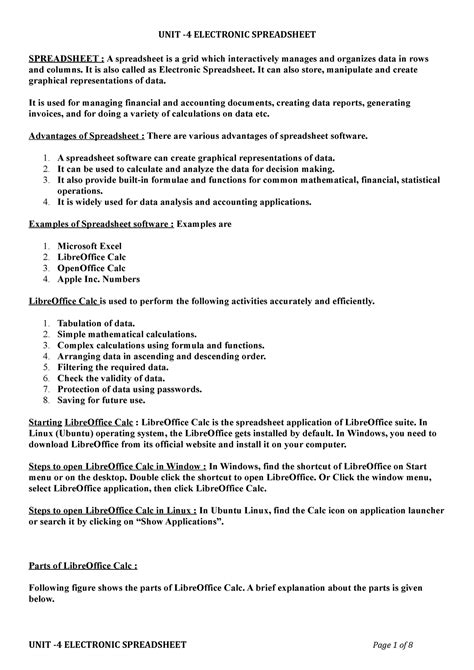 UNIT 4 Electronic Spreadsheet QUES BANK Class 9 - UNIT -4 ELECTRONIC ...