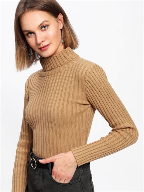 Rib Knit Turtleneck Sweater -SheIn(Sheinside)