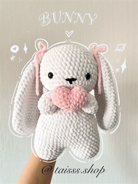 Crochet Plushie, Bunny With Pink Heart, Amigurumi, Stuffed Animals ...
