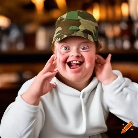 Smiling man with Down's Syndrome wearing camo cap and hoodie at a bar ...