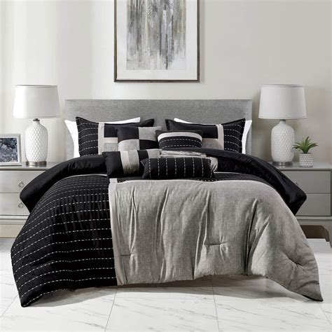 7-Piece Finley Black & Grey Striped Comforter Set, Queen