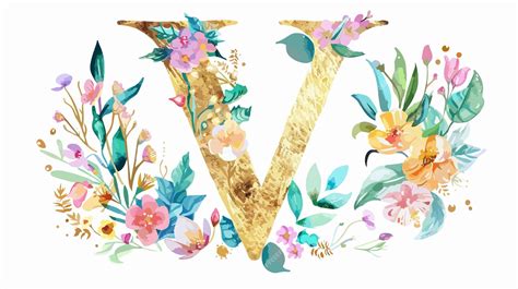 Elegant Gold Letter V Floral Alphabet with Watercolor Design | Premium AI-generated vector